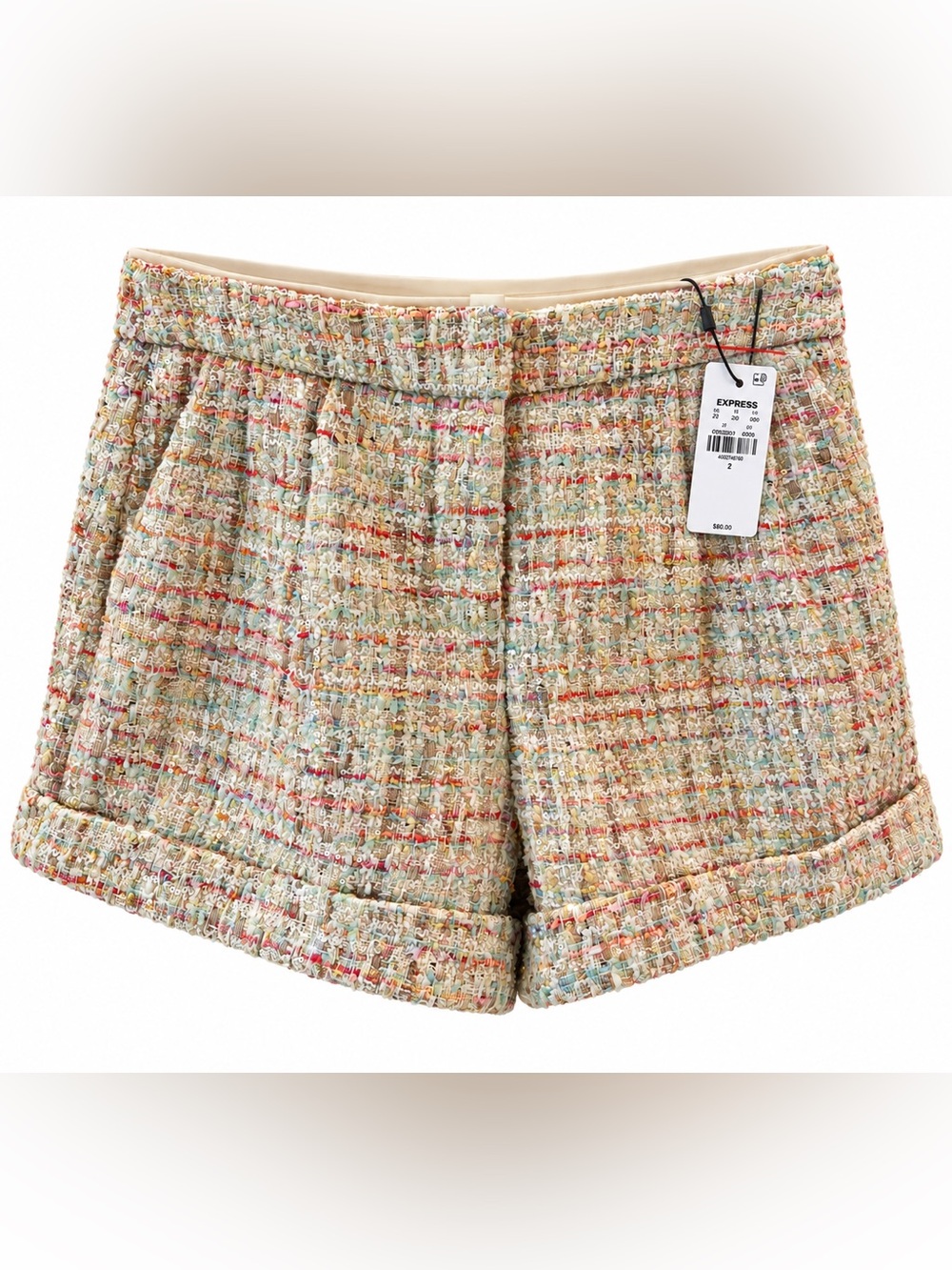 Express Multicolor Tweed Bermuda Shorts in Cream, Pink & Blue